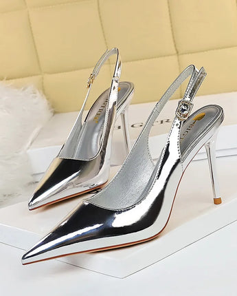 Shiny High Heels Slingback Gold Silver Women Pumps Metallic Sandals