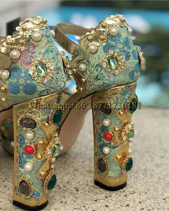 Pearl Rhinestone Platform Thick Heel Peep Toe Sandals