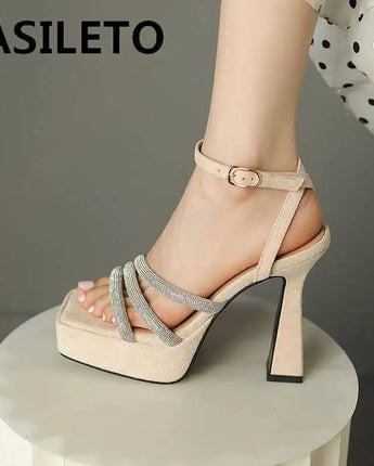 ASILETO Female Sandals Square Toe Strange Heel 12cm Platform 2cm Buckle Strap Flock Big Size 41 42 43 Sexy Party Women Shoes