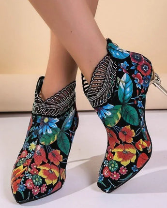 Vintage Splicing Printed Ankle Boots for Women Shoes Retro Rhinestone Thin High Heels Bohemian Ladies Winter Short Boots Female